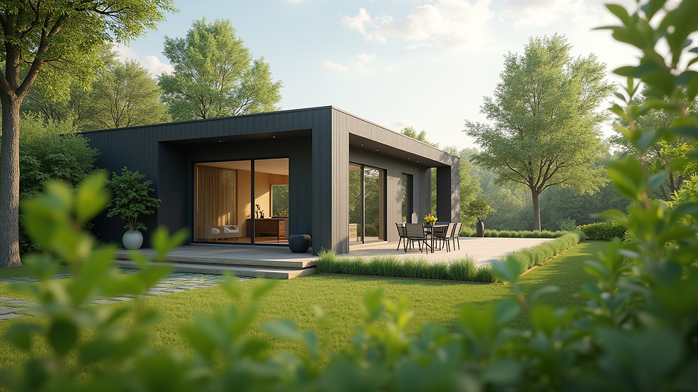 Eye-level view of a modern modular home in a green setting