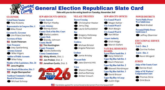 2026 Seward County Republican General Election Slate Card