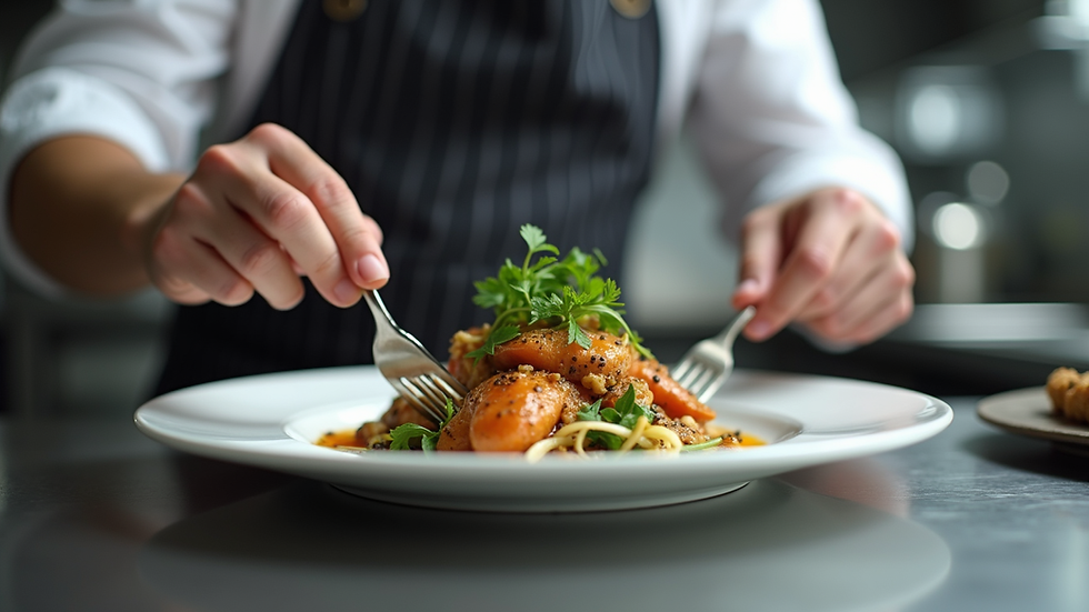Close-up view of a chef plating a gourmet dish in a modern kitchen