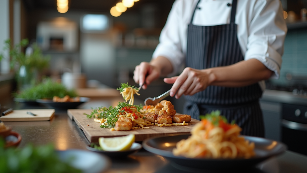 Close-up view of a chef preparing a gourmet dish in a modern kitchen