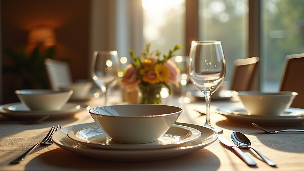 Eye-level view of a beautifully set dining table with elegant dishes