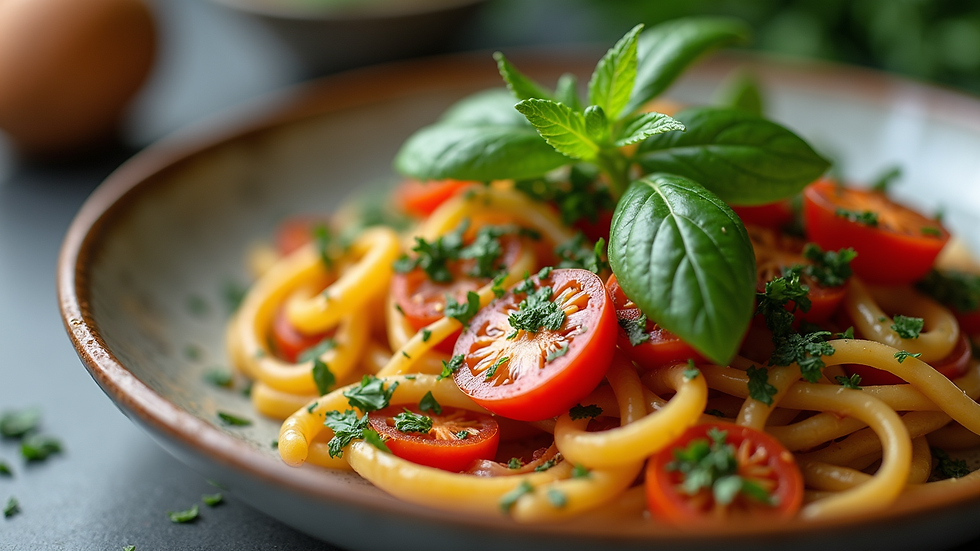 Close-up view of a gourmet dish with fresh herbs and colorful vegetables