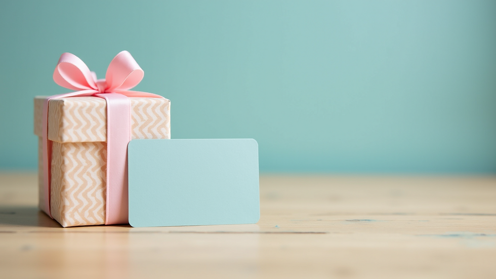 Eye-level view of a loyalty card and gift box on a wooden table