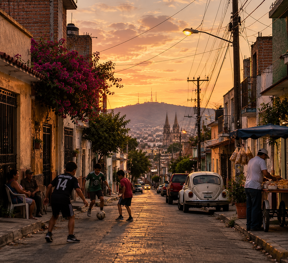 Children playing soccer in a cobblestone street at sunset