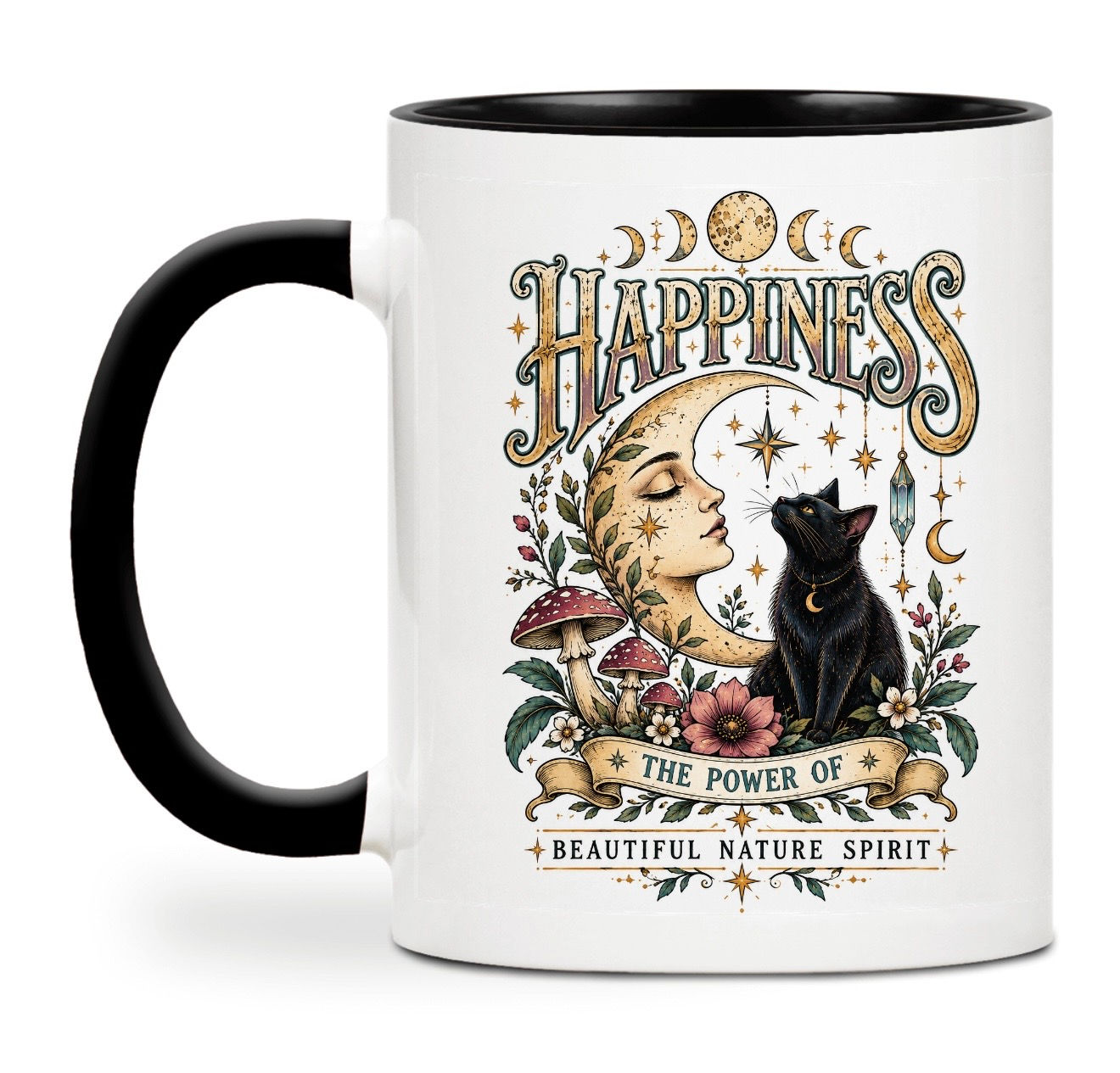 Happiness Witchy Black Cat Mug – Celestial Moon & Nature 11oz Mug