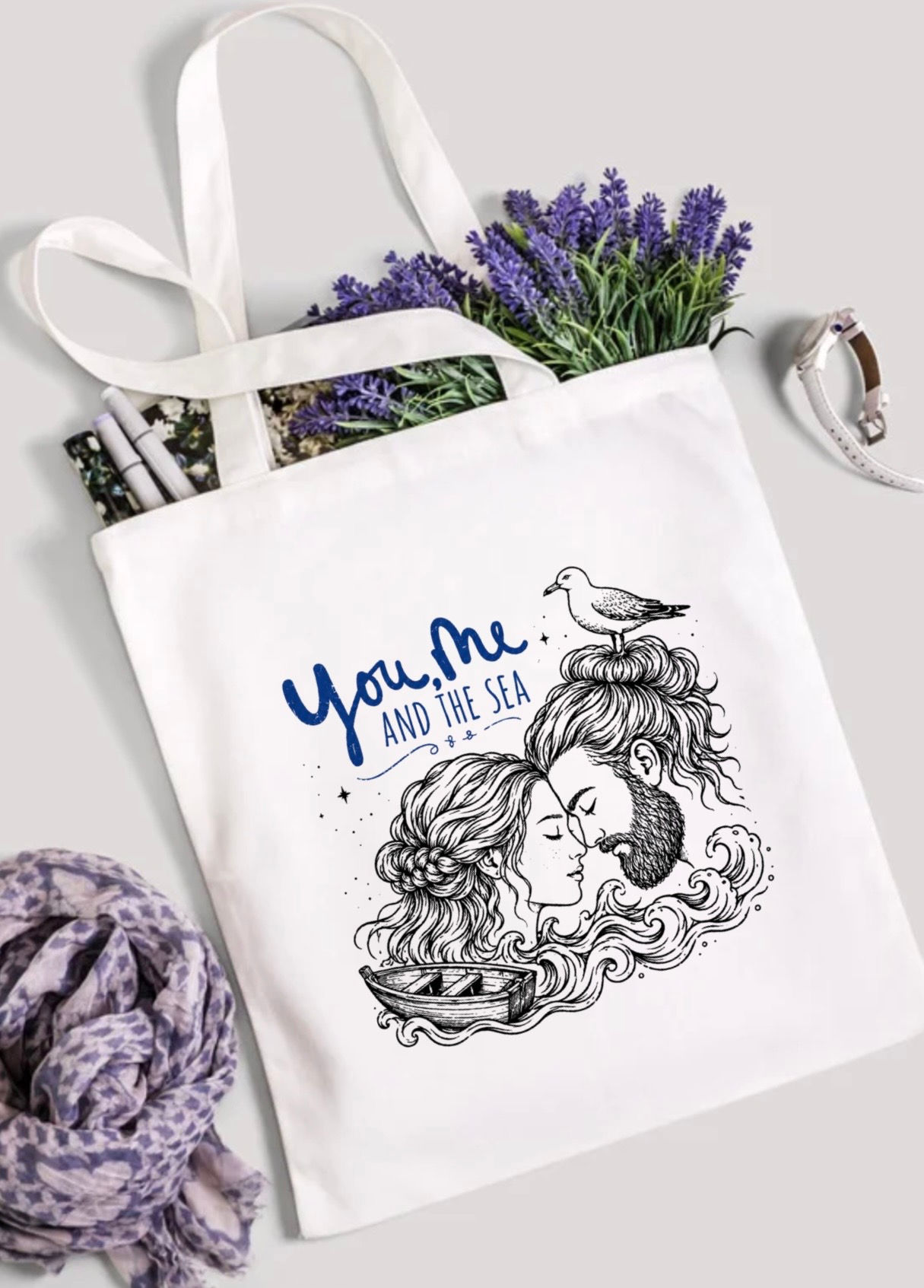you me and the sea tote bag