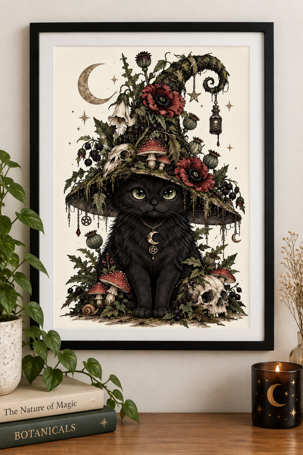 The Witch’s Familiar – Black Cat Botanical A4 Art Print