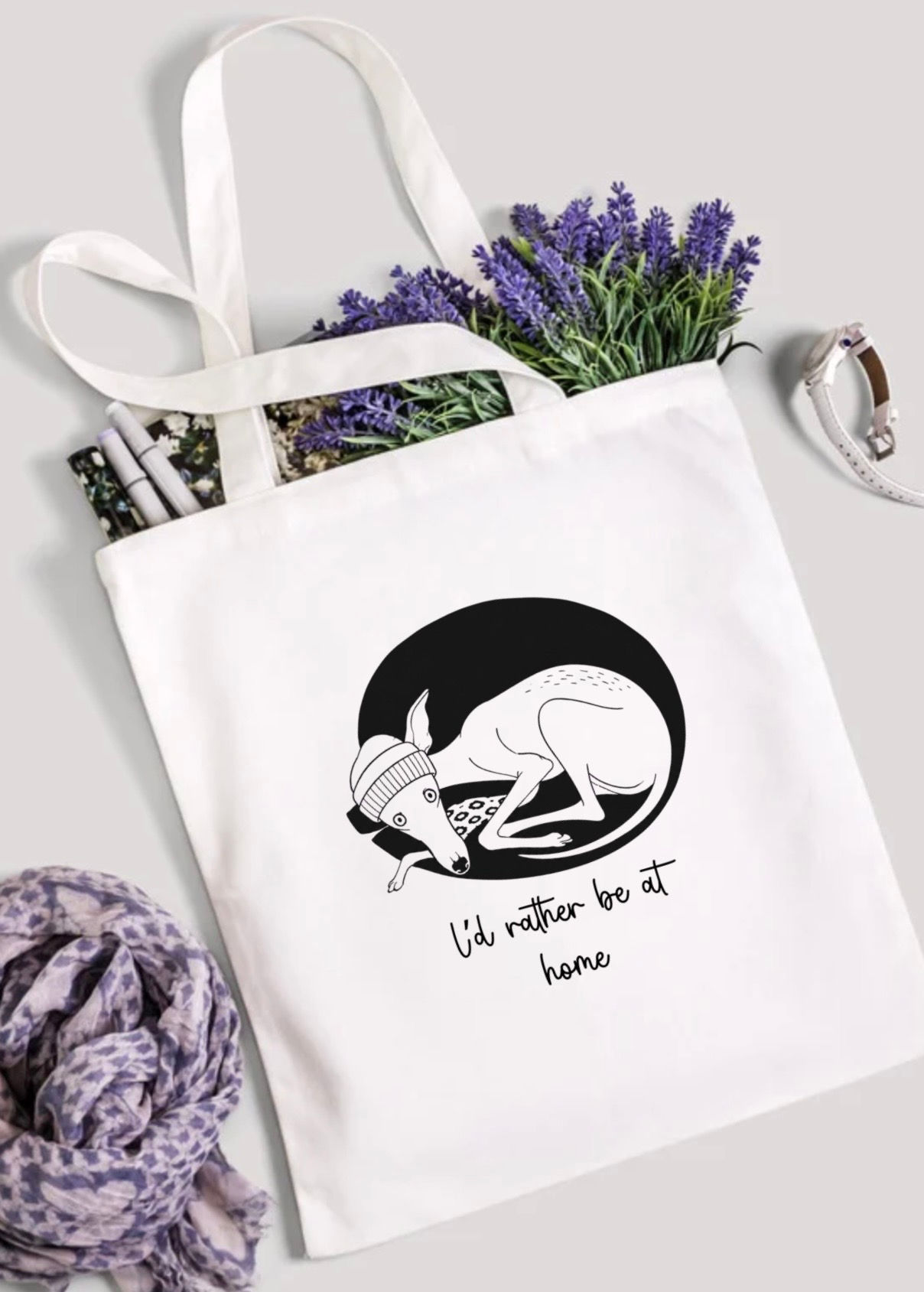funny whippet i'd rather be at home tote bag