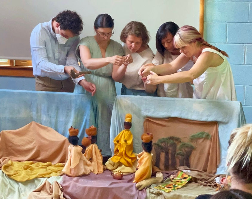 Sunbridge Institute early childhood teacher education students creating a Waldorf puppet theater with handmade dolls