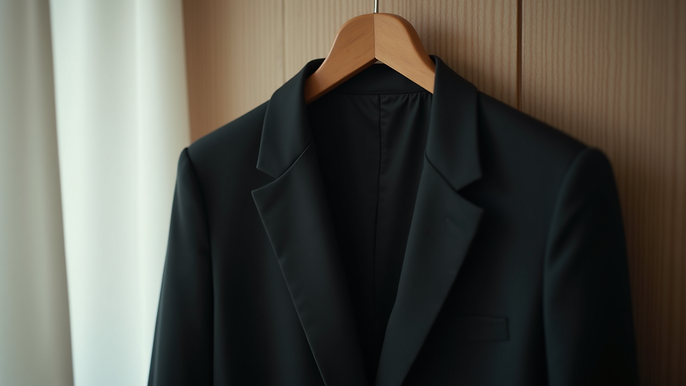 Eye-level view of a classic black blazer hanging on a wooden hanger
