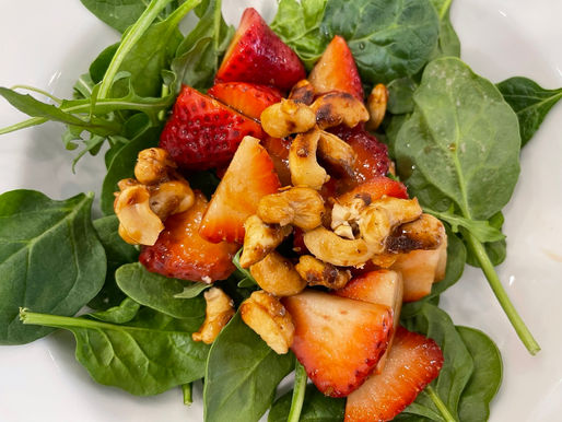 Spinach Salad with Balsamic Strawberries and Hot Maple Cashew Brittle
