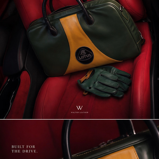 Bespoke Lotus Emira Clark Edition leather briefcase inside Lotus interior — green napa leather with yellow contrast — Walter Leather Bespoke