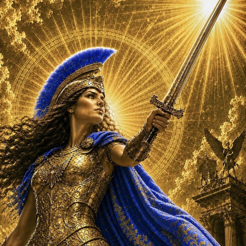 Golden armored goddess warrior with blue cape and sword in a celestial fantasy scene representing the mythology and lore of S3NTIENCE.