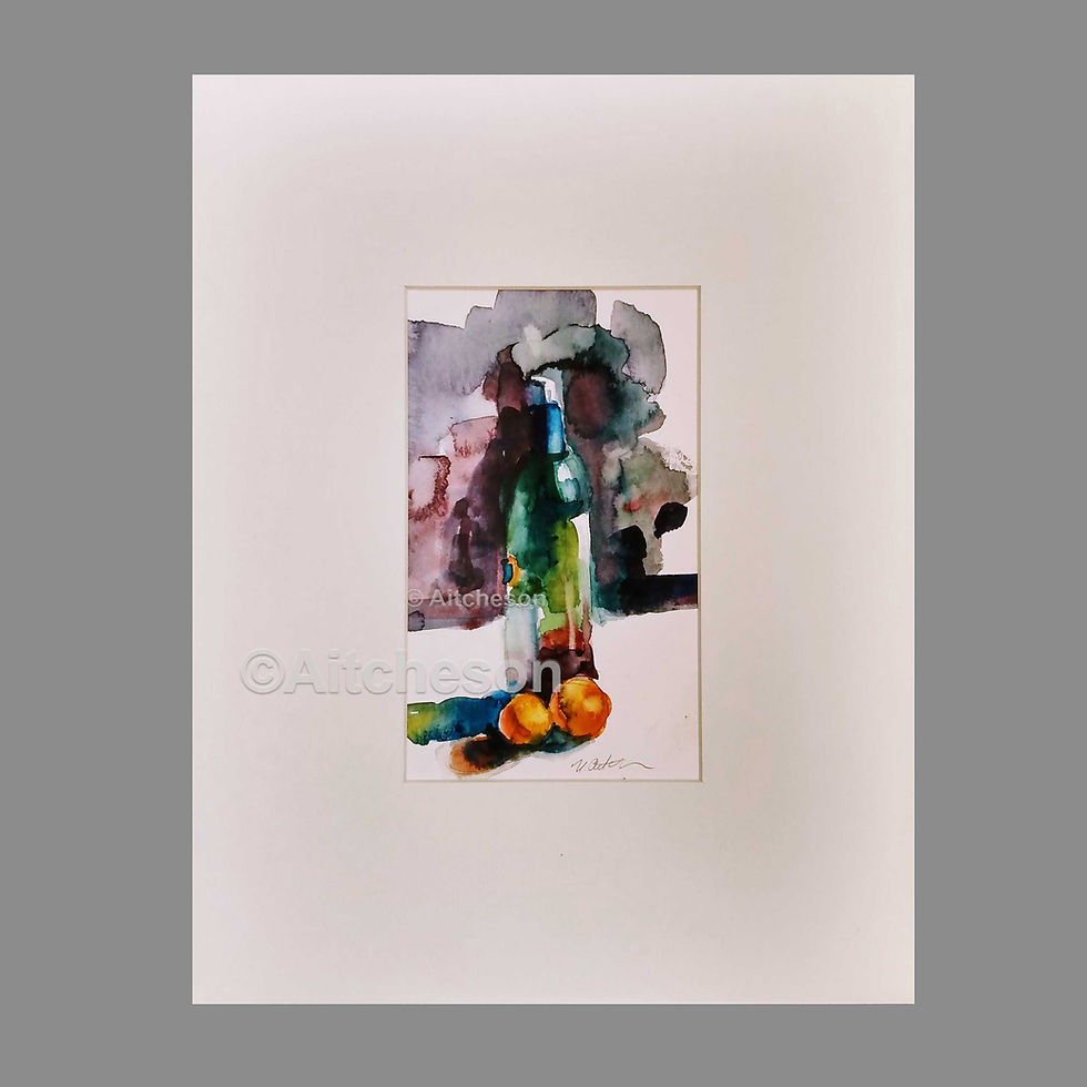 Thumbnail: Custom, off-white 11" x 14" mat  (4 ½" x 7 ½” opening) of a colorful original watercolor of a wine bottle and two oranges