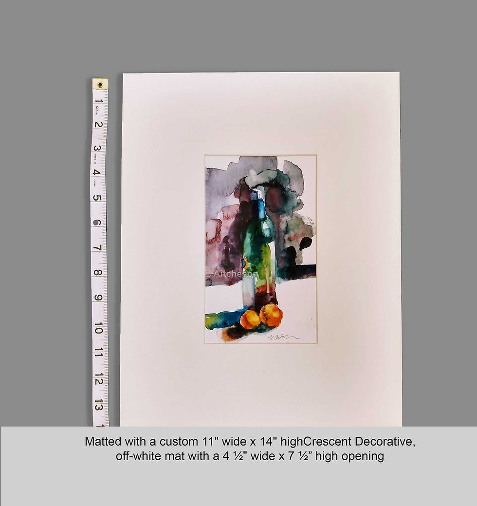 Thumbnail: Matted original watercolor of a wine bottle and oranges by Nancy Aitcheson