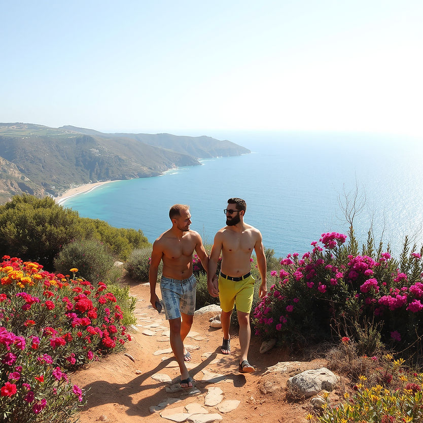gay couple walking in chania crete with colourful bush and sea.jpg