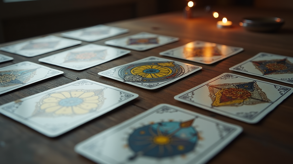 Close-up view of tarot cards laid out on a table