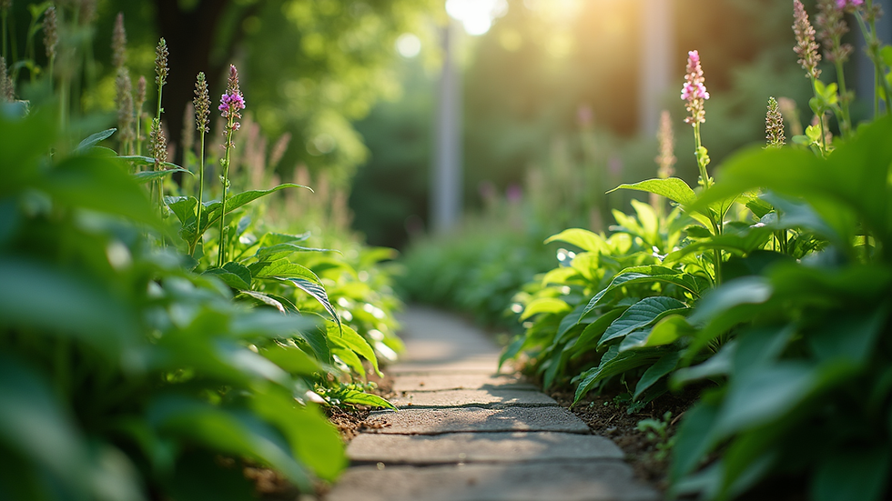 Eye-level view of a lush green garden with diverse plants
