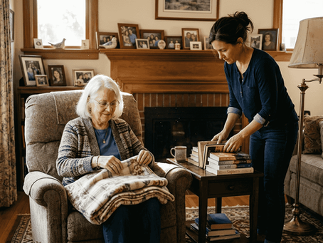 Elderly woman with family at home, cozy scene