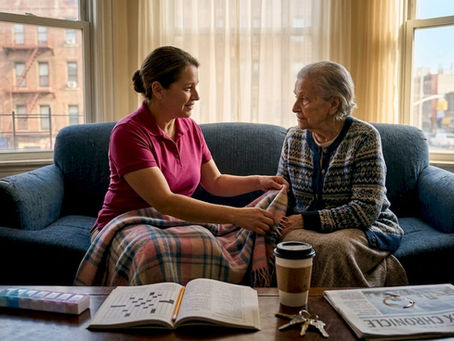Caregiver assisting elderly woman in Bronx living room