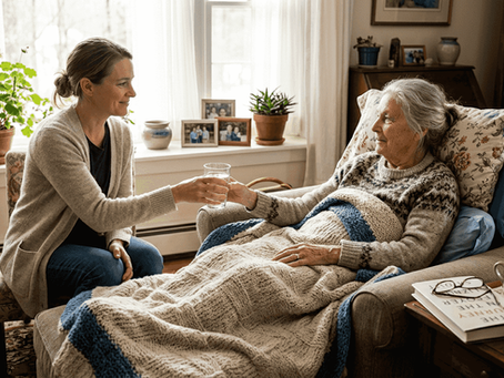Family caregiver supporting elderly woman at home