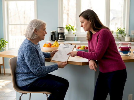 Senior and caregiver reviewing checklist together