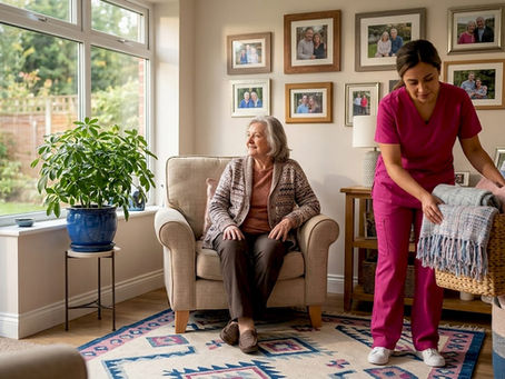Home care provider tidying living room for elderly woman