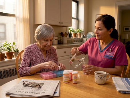 Senior and caregiver at kitchen table organizing medication