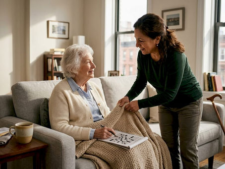Caregiver assists senior with blanket at home