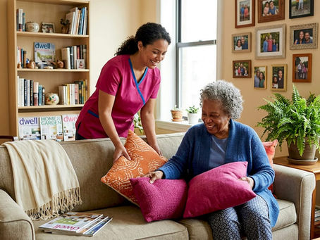 Caregiver and senior arranging pillows in NYC home