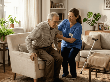 Home health worker helps elderly man in living room