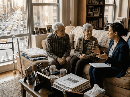 Social worker consulting senior couple at home