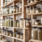 folk herbal dispensary with no labels, glass jars and wood, clean, fresh, light, jars disp