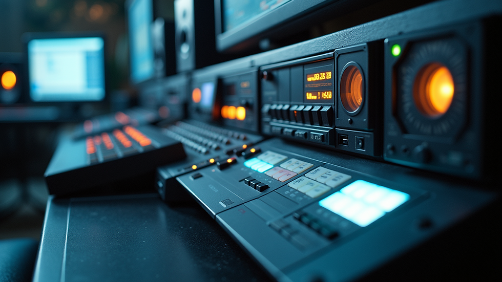 Eye-level view of a professional media digitization setup with tape decks and computer