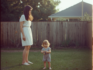 Mother in backyard with child