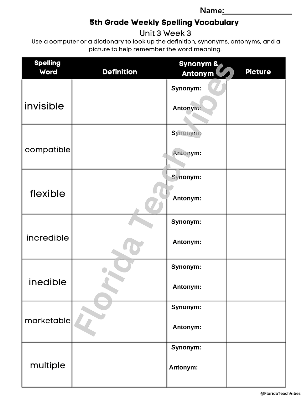 Thumbnail: Florida Benchmark Advanced Unit 3 | 5th Grade Spelling Weekly Activities