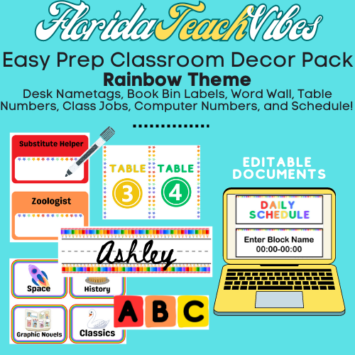 Editable Rainbow Theme Classroom Decor Pack | FloridaTeachVibes