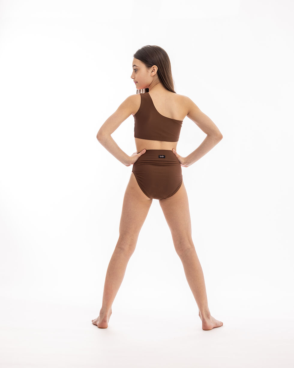 Girl in brown one-shoulder dance costume