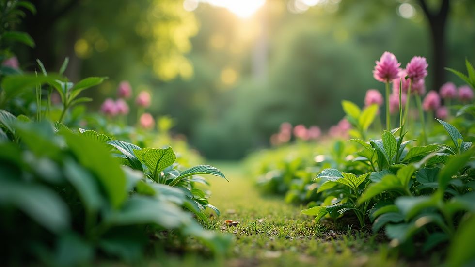 Eye-level view of a lush green garden with diverse plants