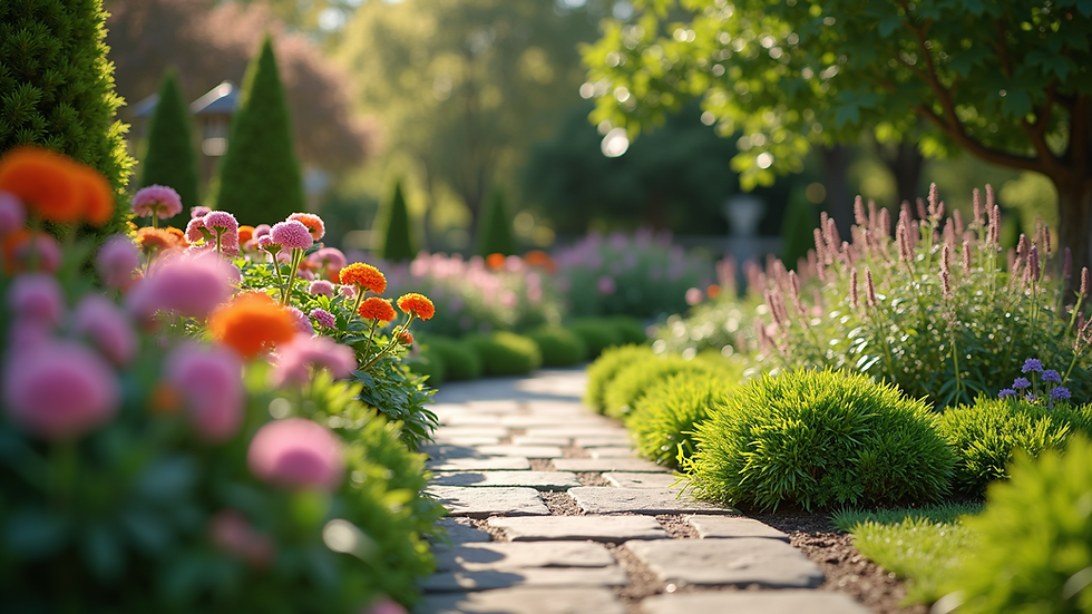 Eye-level view of a beautifully landscaped garden with colorful flowers and a stone pathway
