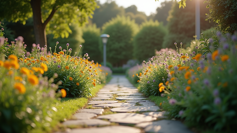 Eye-level view of a beautifully landscaped garden with a stone pathway and vibrant flowers