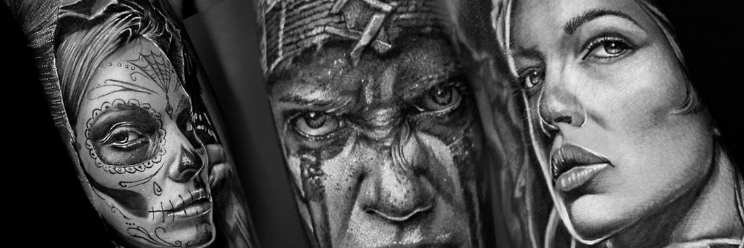 Black and grey realism tattoo collage with three portrait designs