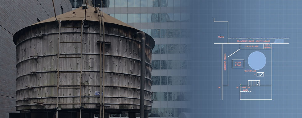 Rooftop water tank beside a neighboring tower, with a roof protection key plan