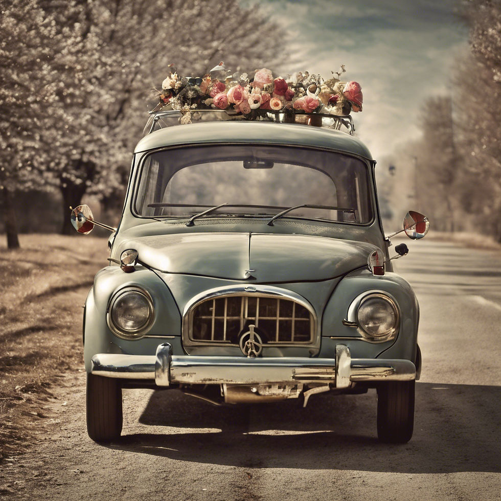 Vintage car with flowers on the roof drives down a tree-lined road in spring. The car is light blue, and the mood is nostalgic.