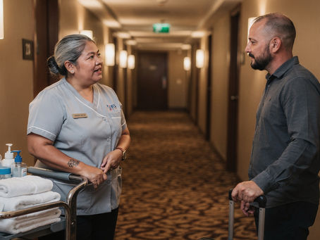A cleaning staff woman chat with a hotel guest in the hallway