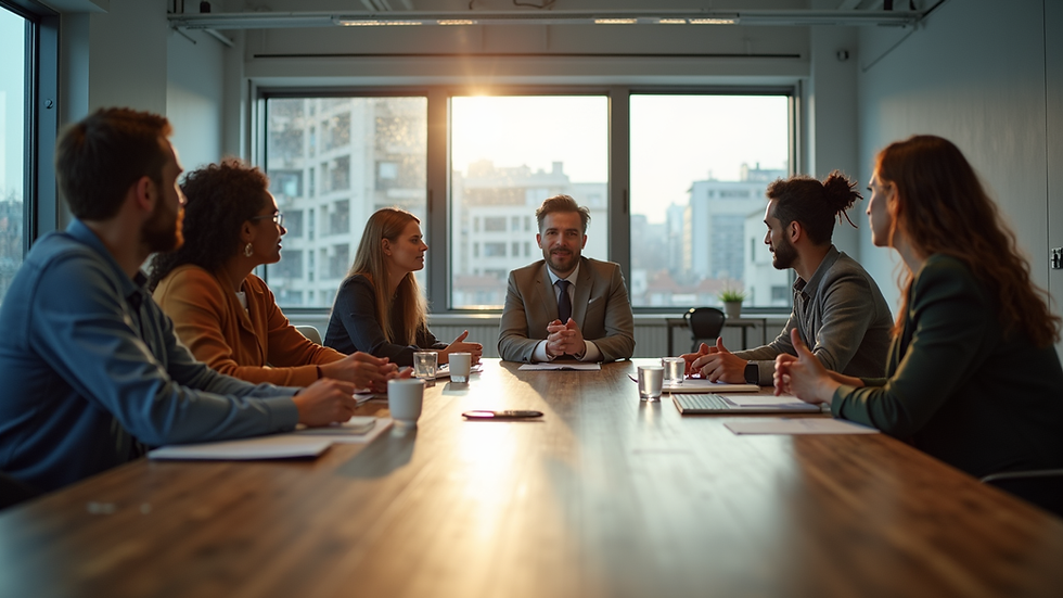 Eye-level view of a roundtable meeting with diverse team members sharing ideas