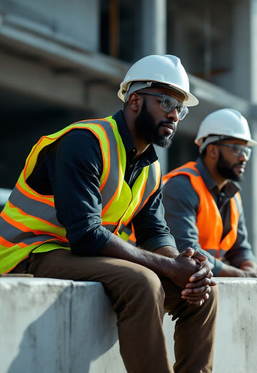 Two men wearing hard hats on a construction site sit looking off into the distance