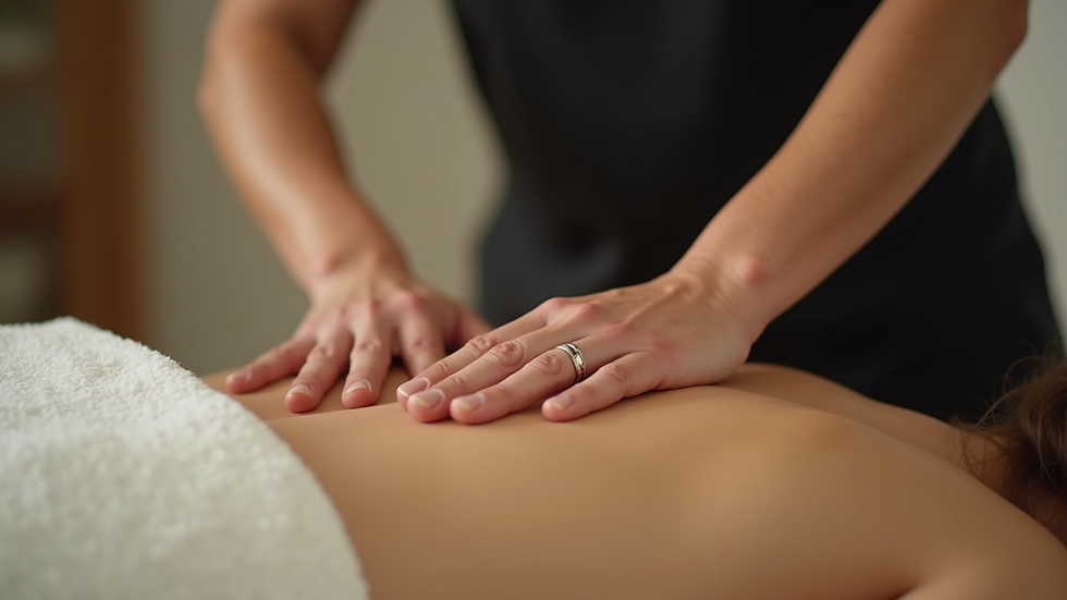 Eye-level view of a therapist performing Tok Sen massage on a client’s back