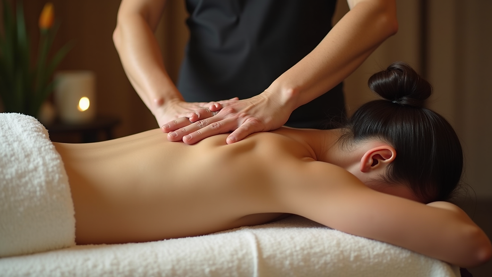 Eye-level view of a massage therapist performing Thai massage on a client’s back