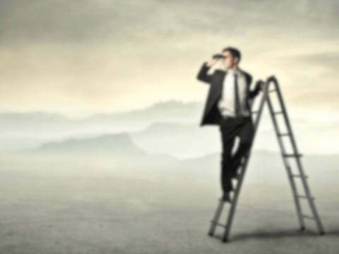 Business leader on ladder with binoculars, symbolizing cybersecurity process discipline and high-level oversight for enterprise resilience.